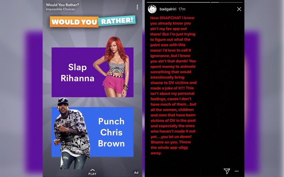 Rihanna Responds to Tone-Deaf Snapchat Ad: “Shame On You”